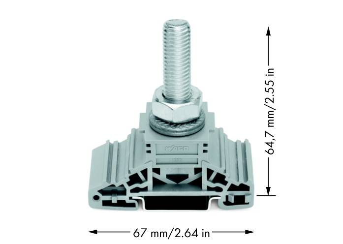 Grey, adjustable machine foot element with threaded bolt and mounting dimensions: Length 67 mm, Height 64.7 mm. Ideal for machine stability.