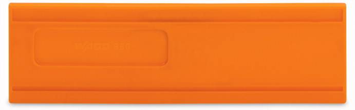 An orange ruler with a rectangular shape and smooth surface. It has a central indentation on the front side.