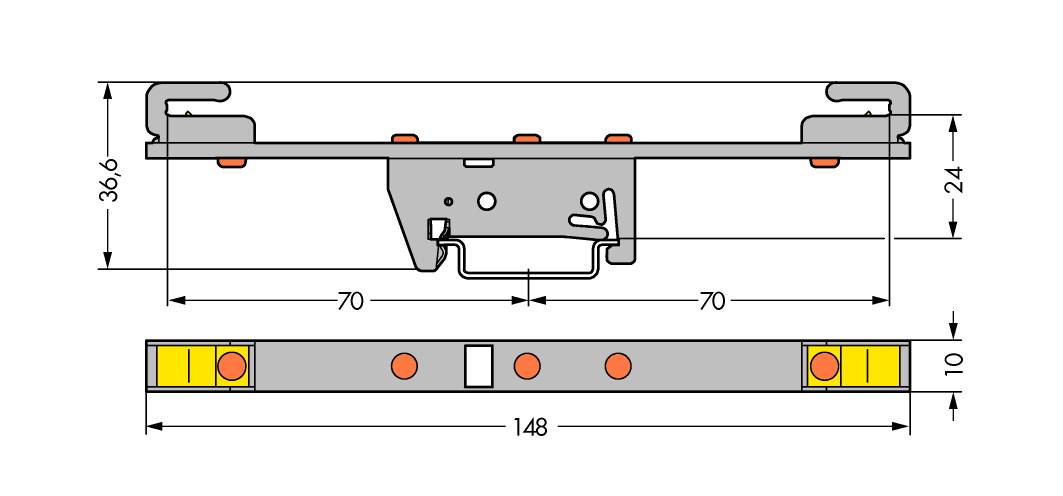Technical drawing of an assembly system with dimensions: 36.6 mm height, 148 mm length. Shows mounting points and connections.