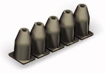 Five uniform, upright grey cones arranged in a line.