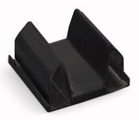 Black plastic cable clip, rectangular, for securing cables on flat surfaces.