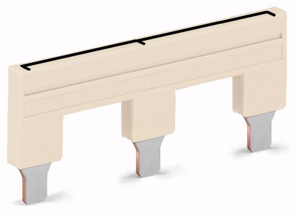 Electrical phase connector with three copper contacts and cream-coloured plastic casing, used in electrical control cabinets.