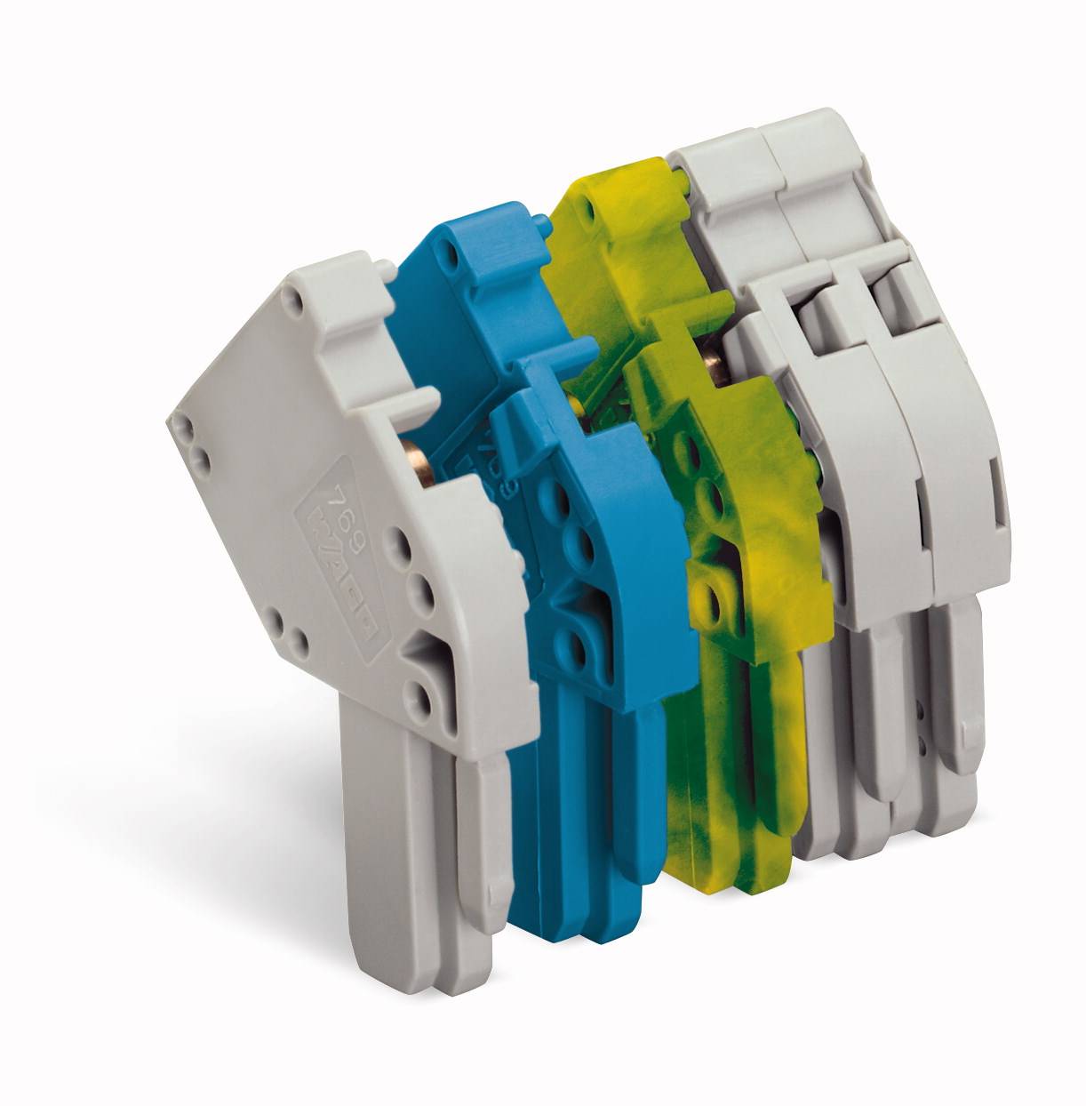 Several terminal blocks in different colours (grey, blue, yellow) are diagonally arranged, showing various connection types.