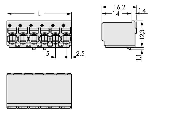 Technical drawing of an electrical connector with dimensions: length 16.2 mm, width 14 mm, height 12.3 mm.