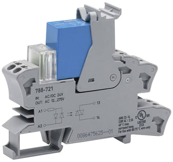 A grey relay module for DIN rail mounting. Input and output terminals are labelled. Suitable for AC/DC 24V. UL-certified.