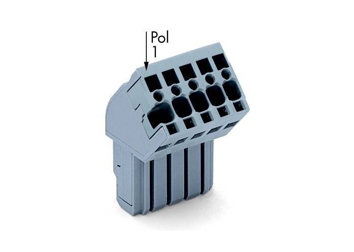 Plastic multi-aperture connector, standing upright. Marking 'Pol 1' points to the top left opening.