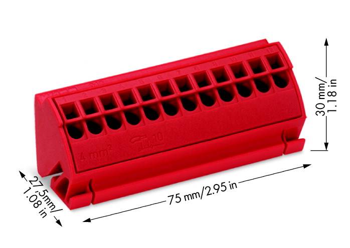 Red terminal block with 12 holes, marked with '4 mm²' and 'TD 10'. Dimensions: 75 mm length, 30 mm height, 27.5 mm width.