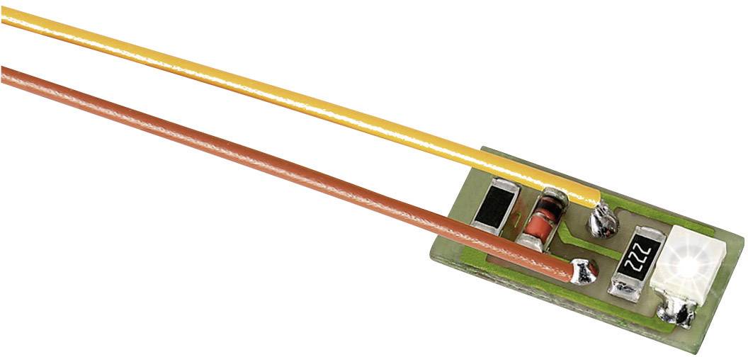 Small electronic module with two wires (red, yellow) and several components, including a light-emitting diode and a black resistor.