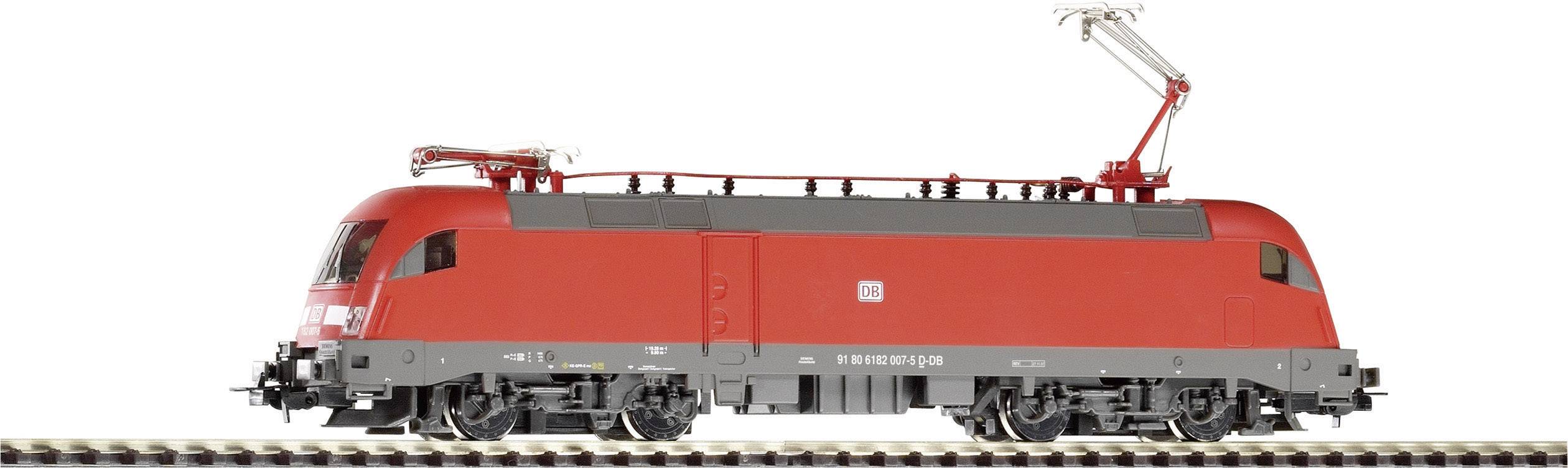 A red model of an electric locomotive on a railway track, side view.
