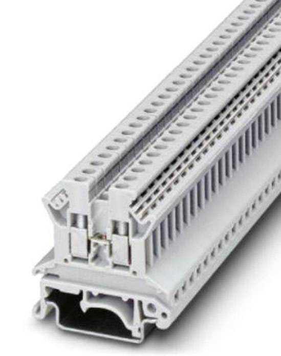 Grey terminal block for DIN rail mounting with multiple connection options and clear arrangement of terminals.