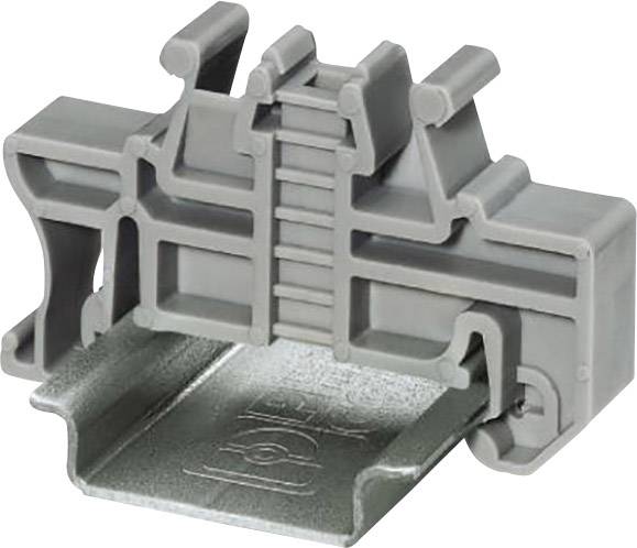 Grey plastic terminal housing with complex mechanical design, used for electrical connections on a DIN rail.