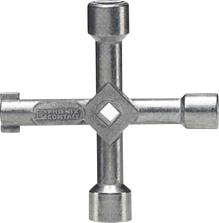 Silver four-way key tool with a square opening in the centre, for operating various locking systems.