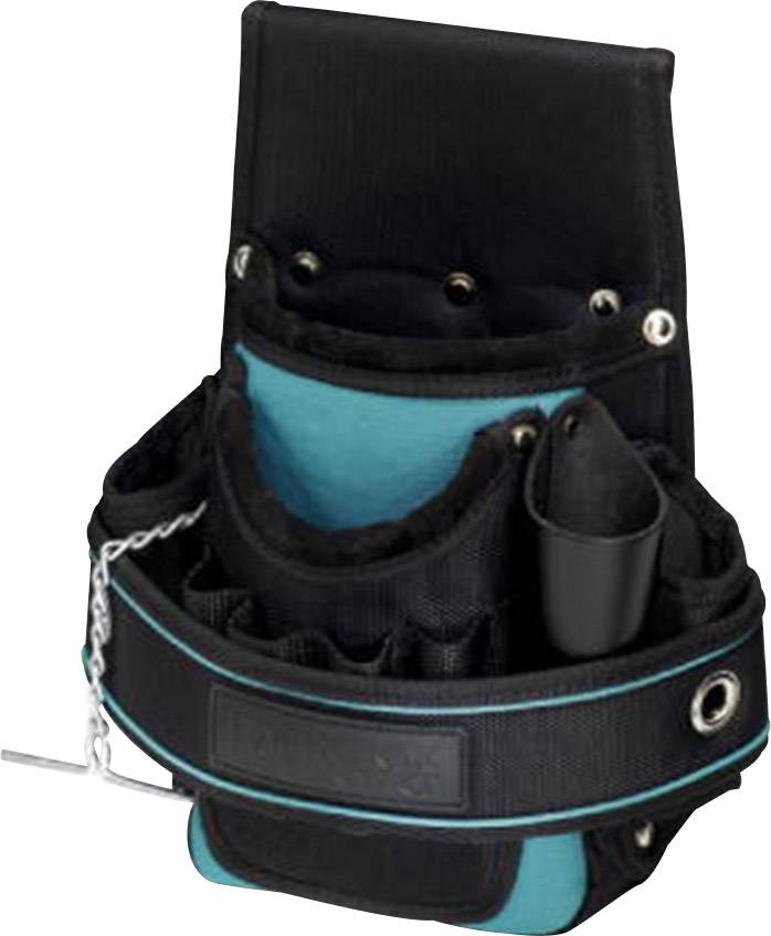 A black tool bag with multiple compartments featuring green fabric inserts, perfect for organising tools on a construction site.