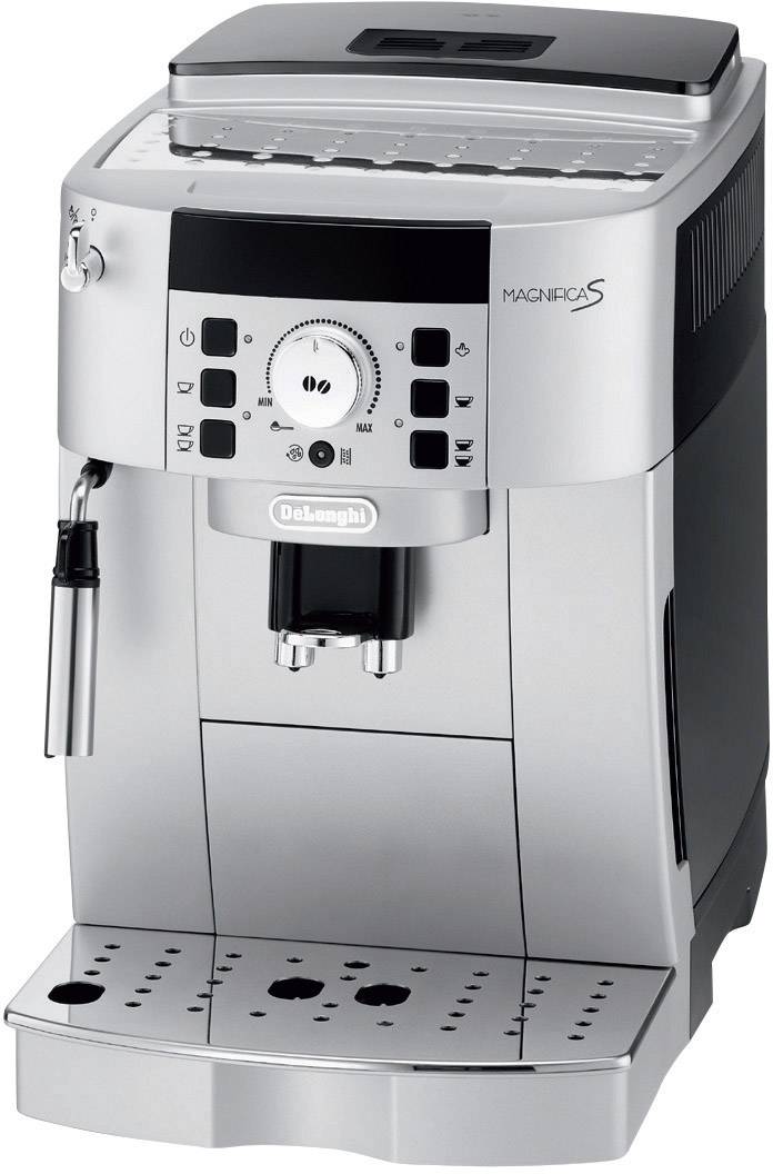 Silver coffee machine with a digital display and multiple control elements, suitable for preparing espresso.