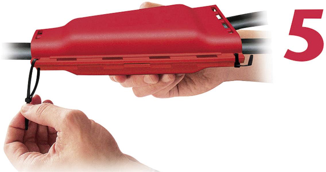 A hand tightens the fastener on a red casing of cables. On the right, a large red number '5'.
