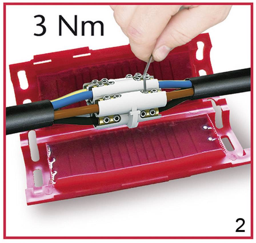 Installation of a cable connector in a red protective box. A hand tightens screws. Label: 3 Nm.
