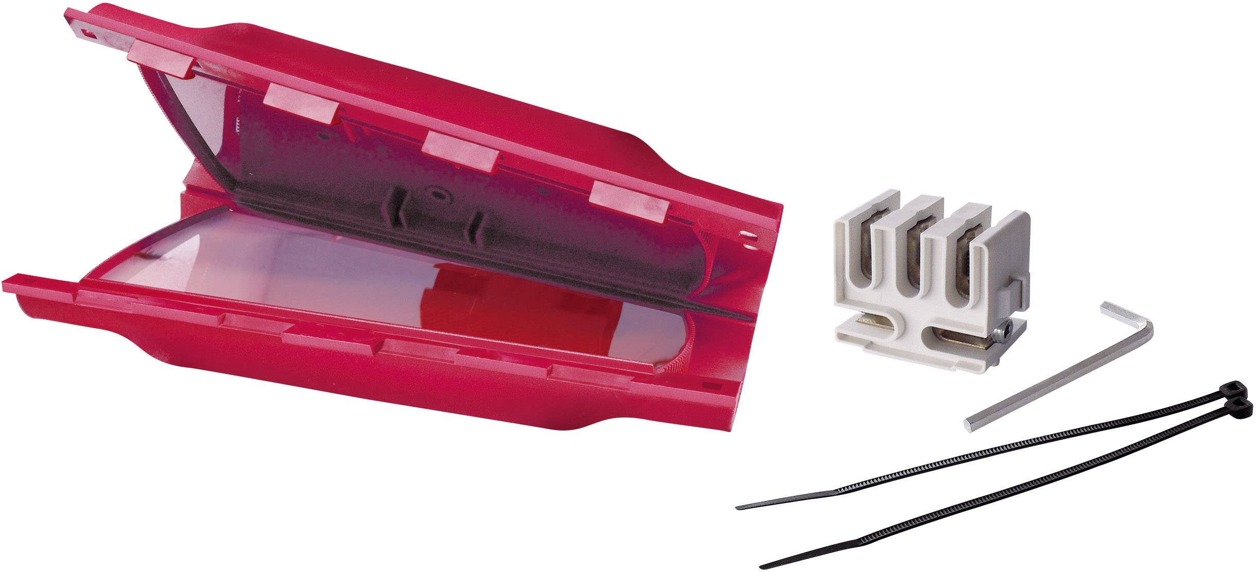 A red cable protection housing with accessories such as cable ties and a small white clip, used for secure electrical connections.