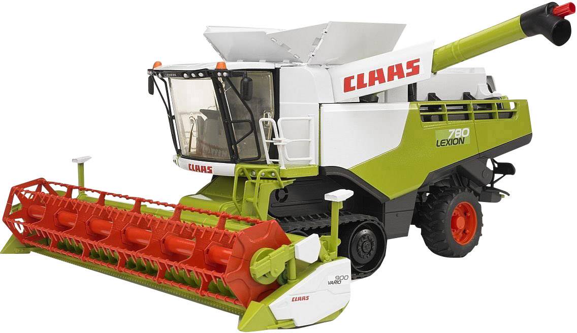 Combine harvester with pivoting discharge pipe, red cutting table and white decals on the cabin. Marking 'LEXION 780'.
