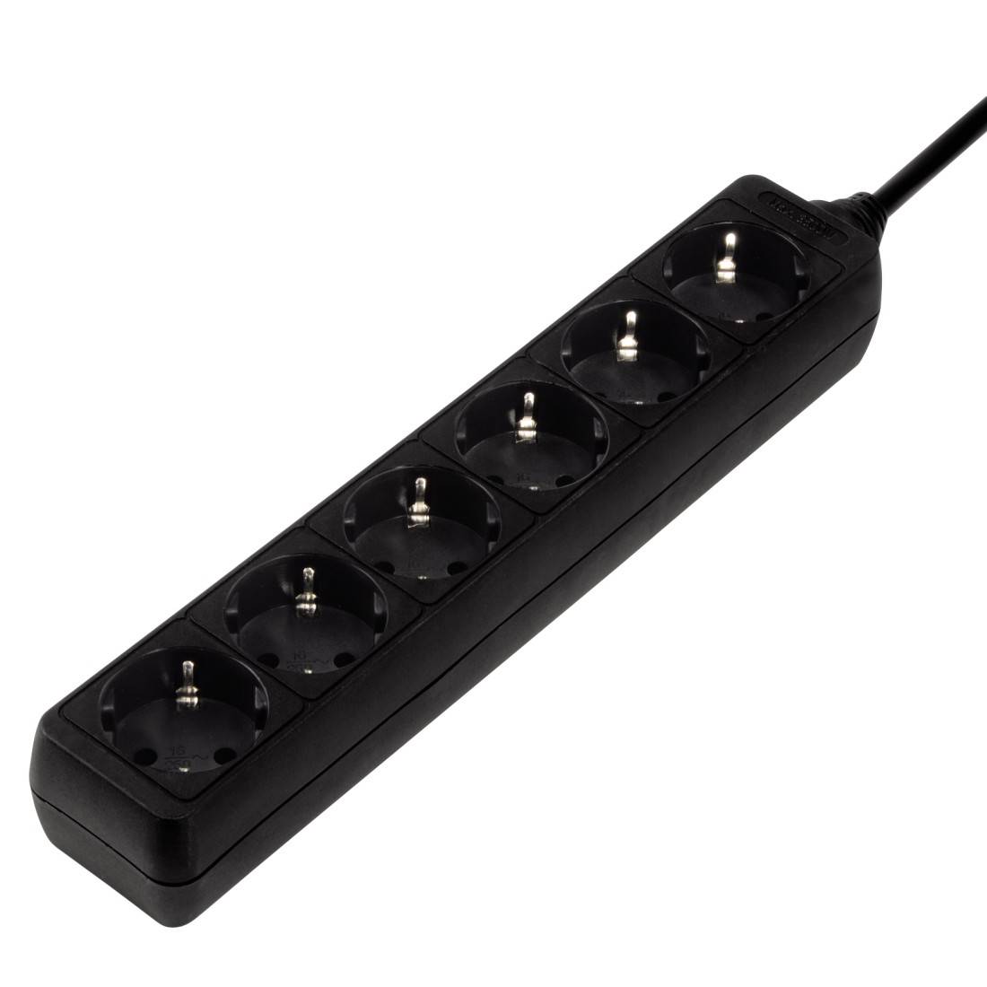 Six-socket power strip in black with EU sockets, showing a way to connect multiple devices simultaneously.