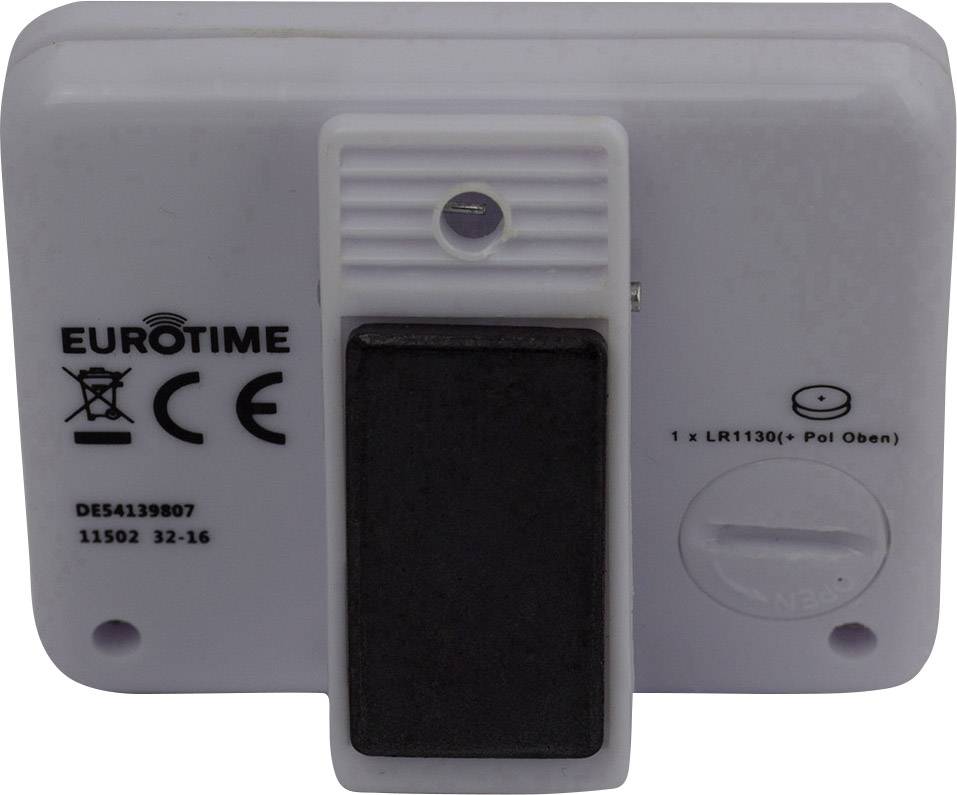 Back of a white watch mechanism with battery cover, CE marking, and the inscription 'EUROTIME'. Battery compartment for 1x LR1130.