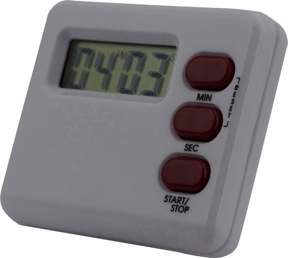 A digital kitchen timer displays '04:03' on the screen. Three red buttons for minutes, seconds, and start/stop are visible on the right side.