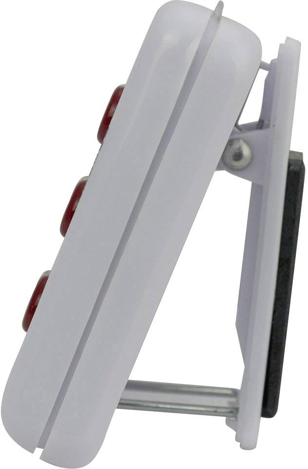 Side view of a white plastic button with red buttons, mounted on a bracket, showing the inclination and attachment.