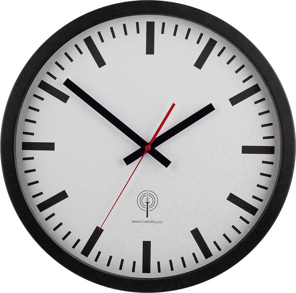 Analogue watch with a black border and black hour and minute hands. The second hand is red. Time shown is 10:10.