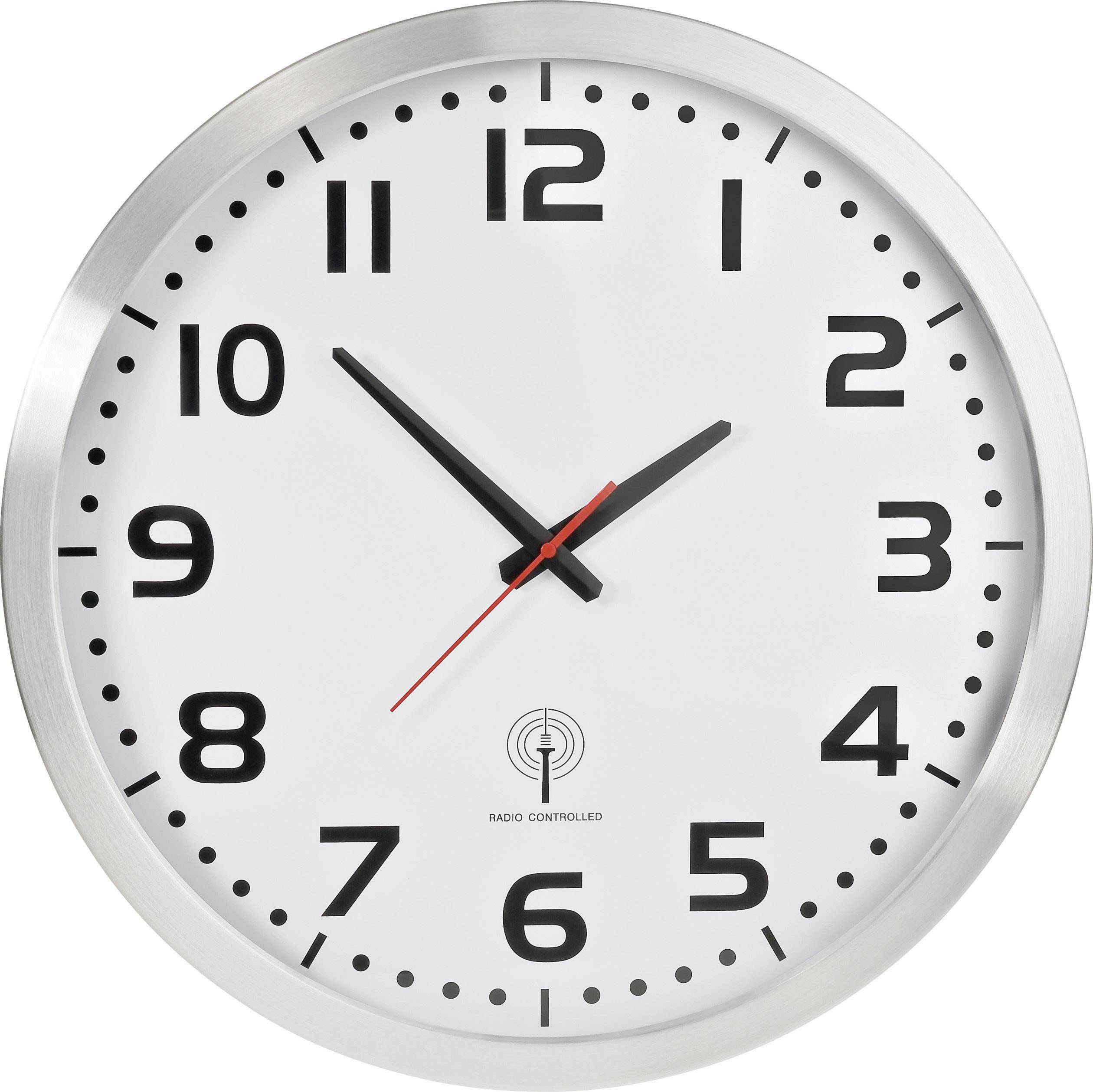 Round wall clock with a silver border, white background and black numerals. Shows 10:09. Has a red second hand.
