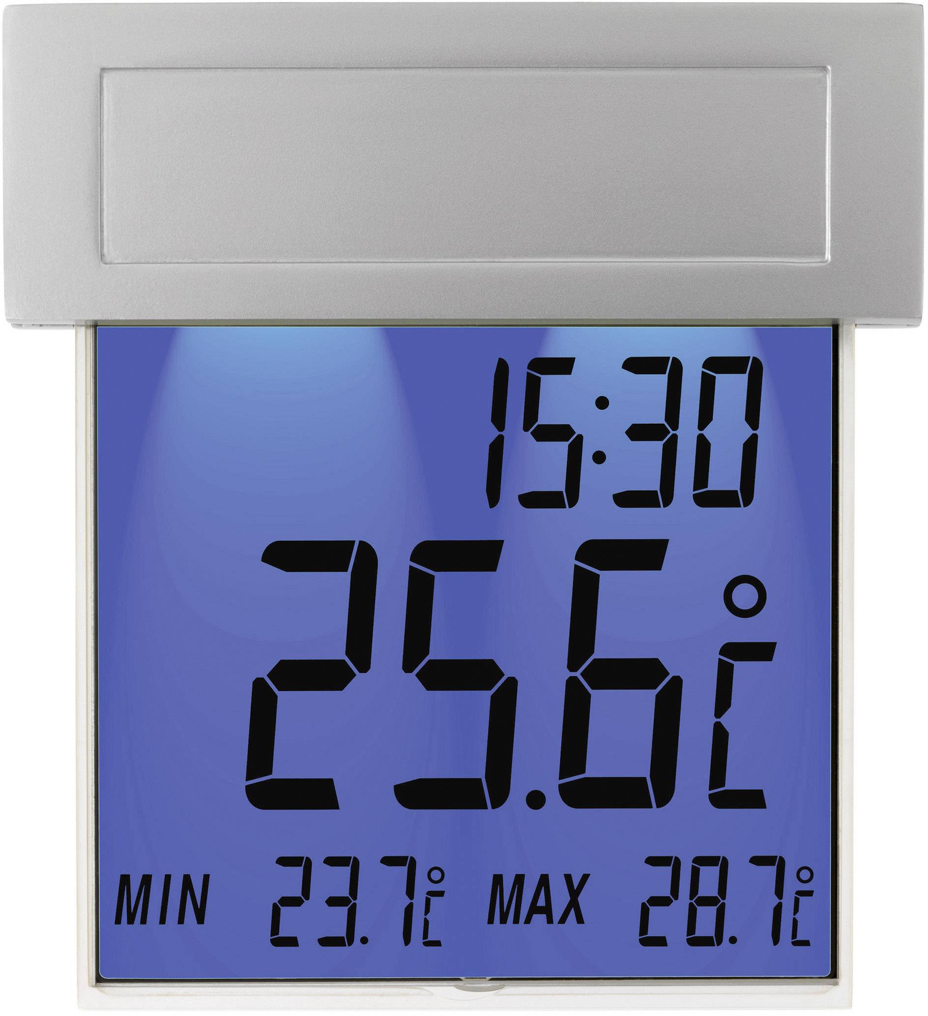 Digital thermometer with blue display. Current temperature: 25.6 °C. Time: 15:30. Minimum temperature: 23.7 °C, Maximum temperature: 28.7 °C.