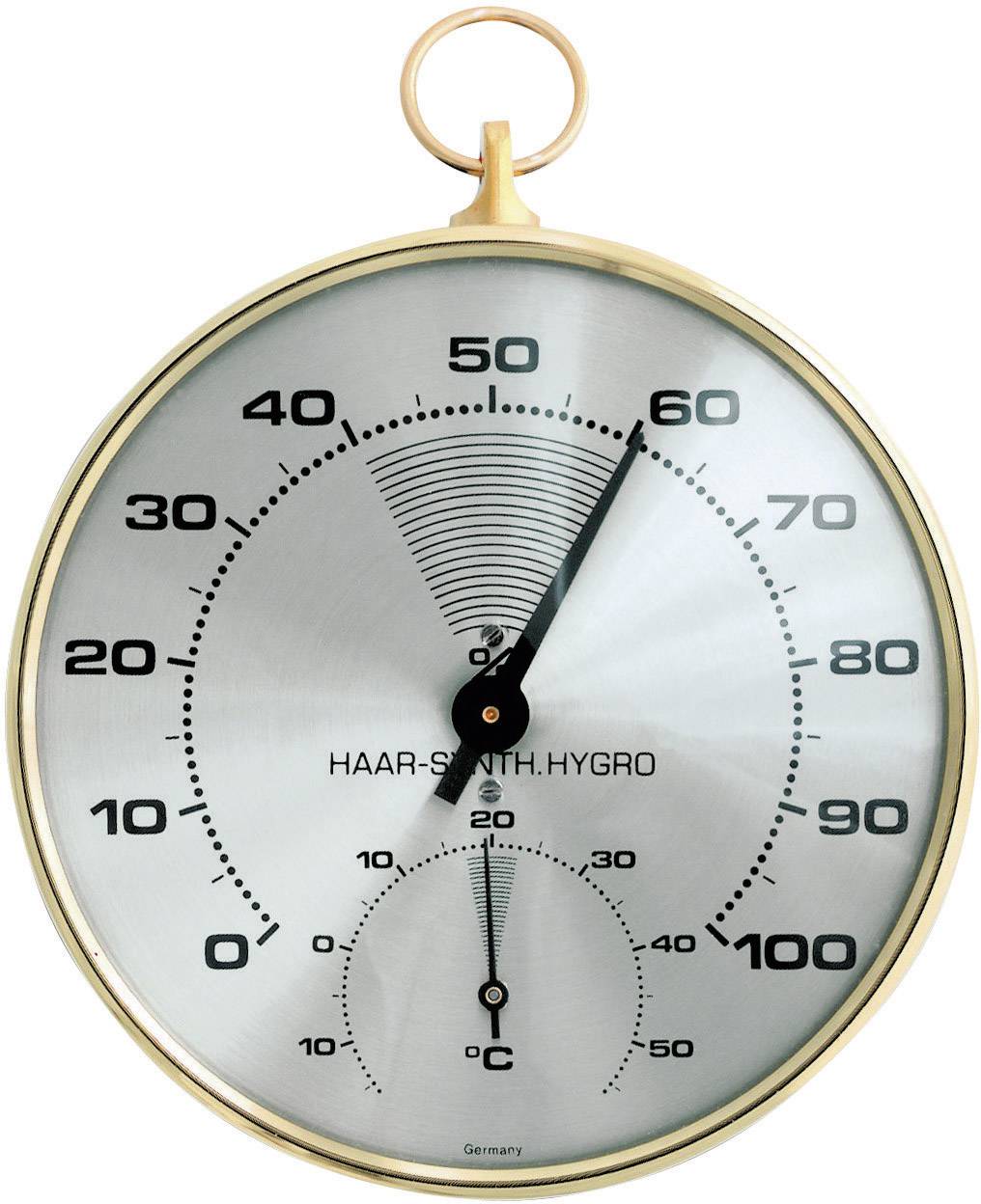 Analogue Hair Synthesis Hygrometer and Thermometer. The hygrometer indicates approximately 60% relative humidity, and the thermometer shows approximately 20°C.