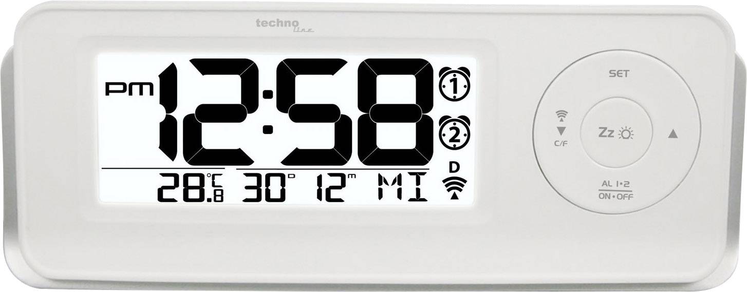 A digital alarm clock displays the time as 12:58 PM, with the date, alarm times, and temperature shown. Settings and alarm symbols are visible on the right.