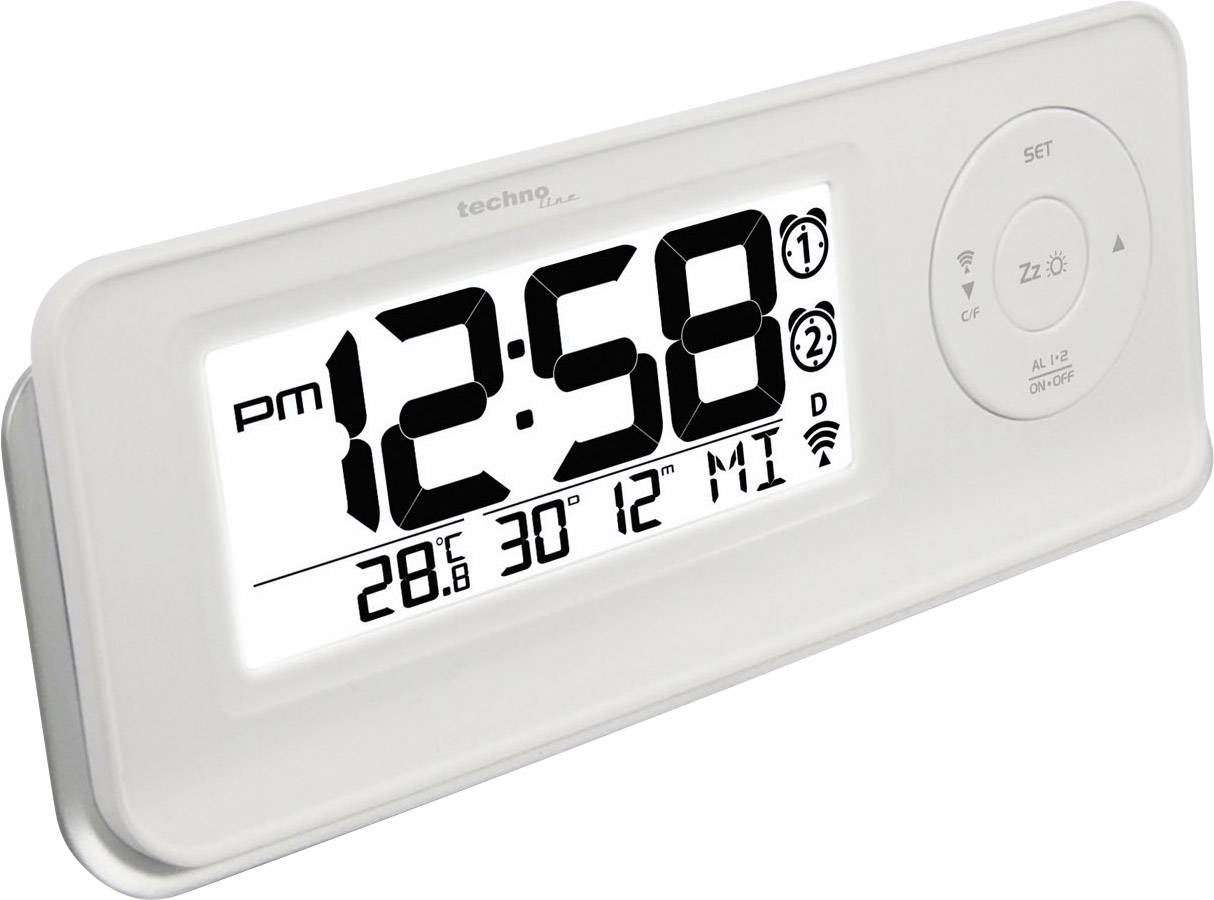 Digitale Tischuhr mit großem LED-Display zeigt '12:58 PM', Temperatur '28,8°C', Datum '12. Juli', Wochentag 'Mi'. Funktionen: Wecker, WLAN.