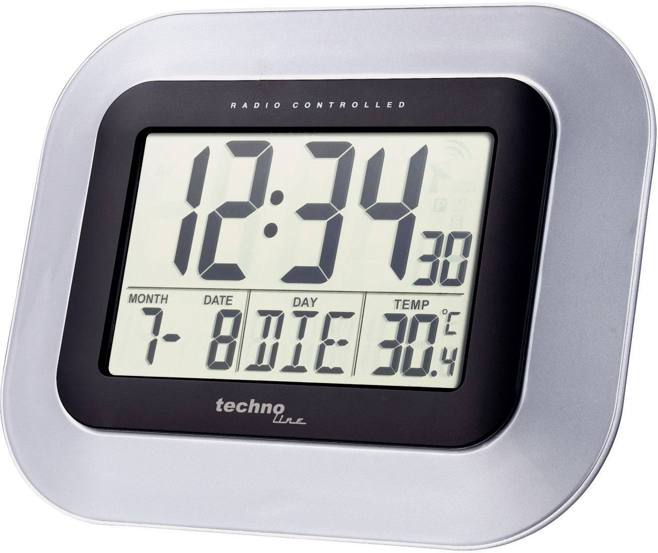 Electronic radio-controlled clock with large display showing '12:34', date '7-8 Dec', temperature '30.4°C'.