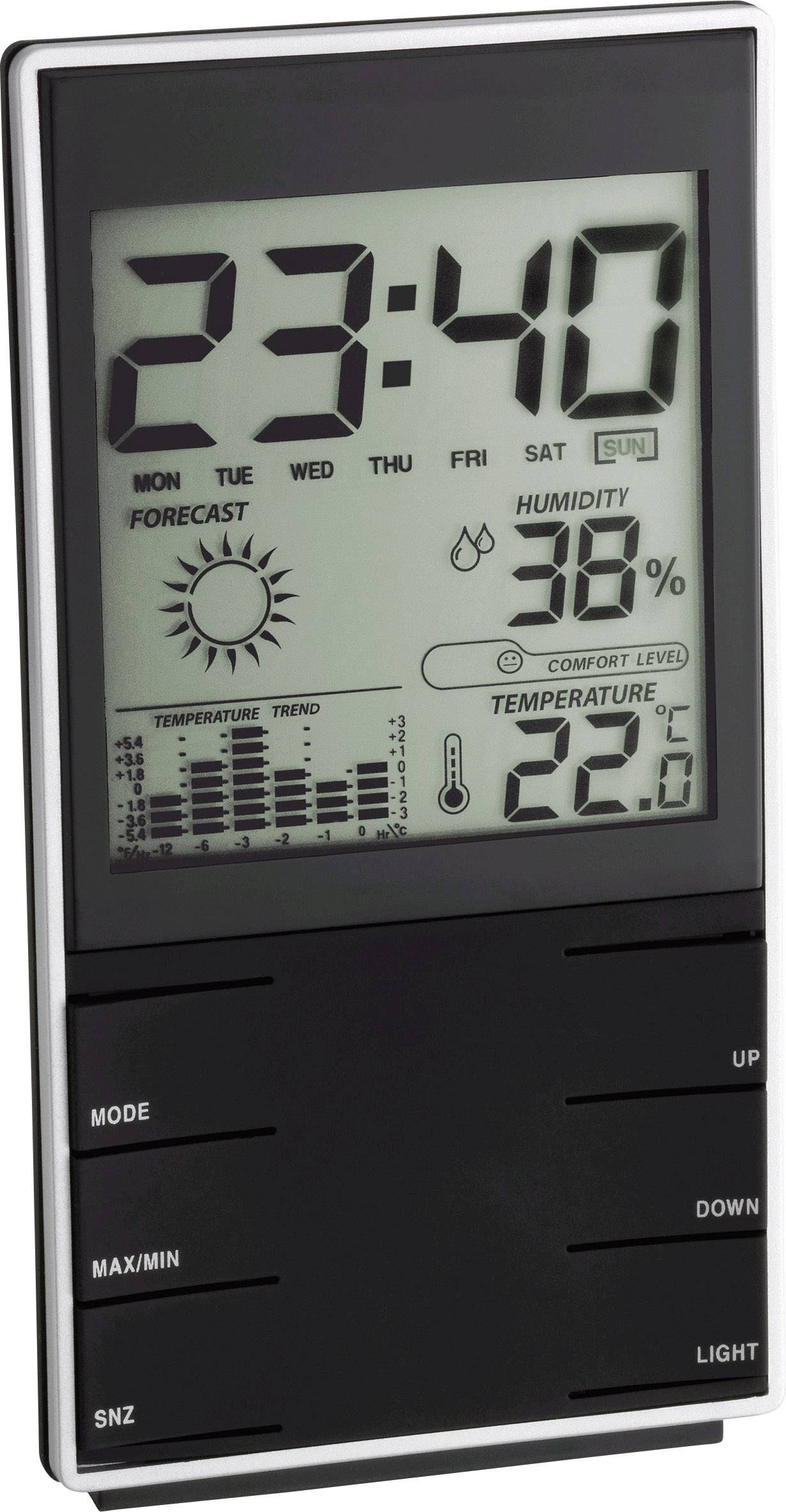Digital clock with weather station. Displays time, day of the week, temperature, humidity and weather forecast. Black casing.