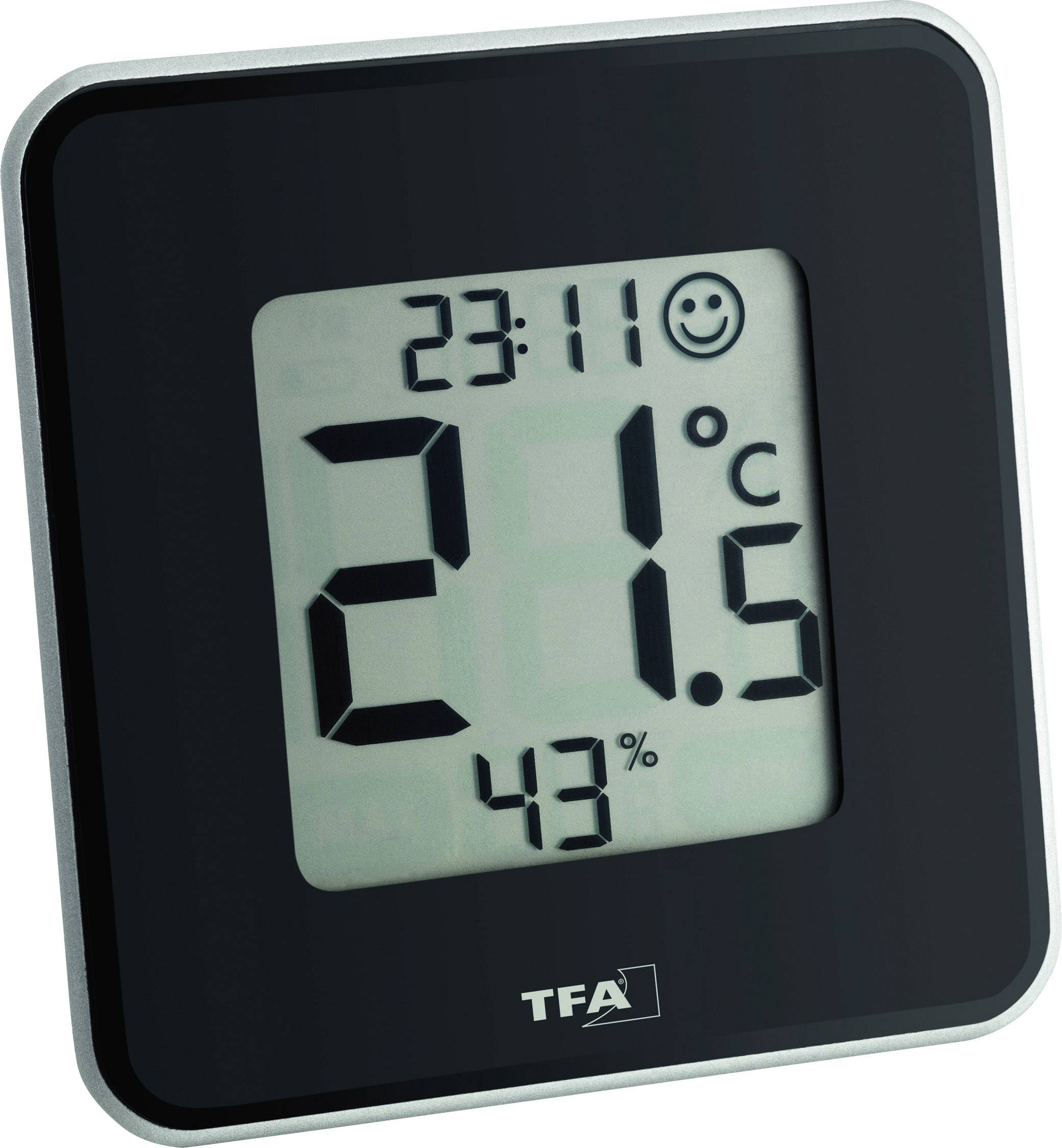 A digital thermo-hygrometer displays 23:11, 21.5 degrees Celsius and 43 percent humidity. A smiling face symbol appears next to the temperature.
