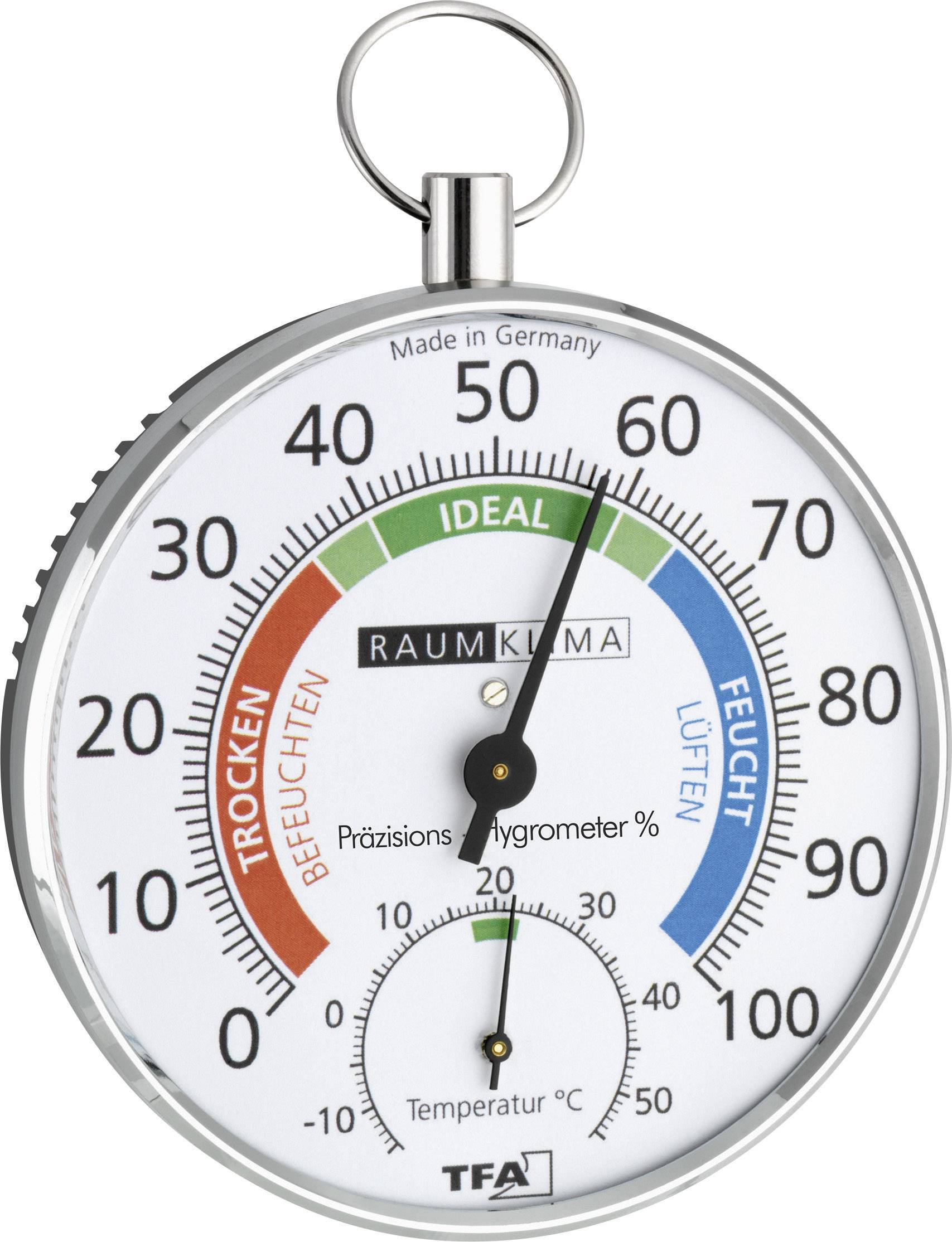 Hygrometer and thermometer combined; displays humidity and temperature. Markings: 'Dry', 'Ideal', 'Humid'.