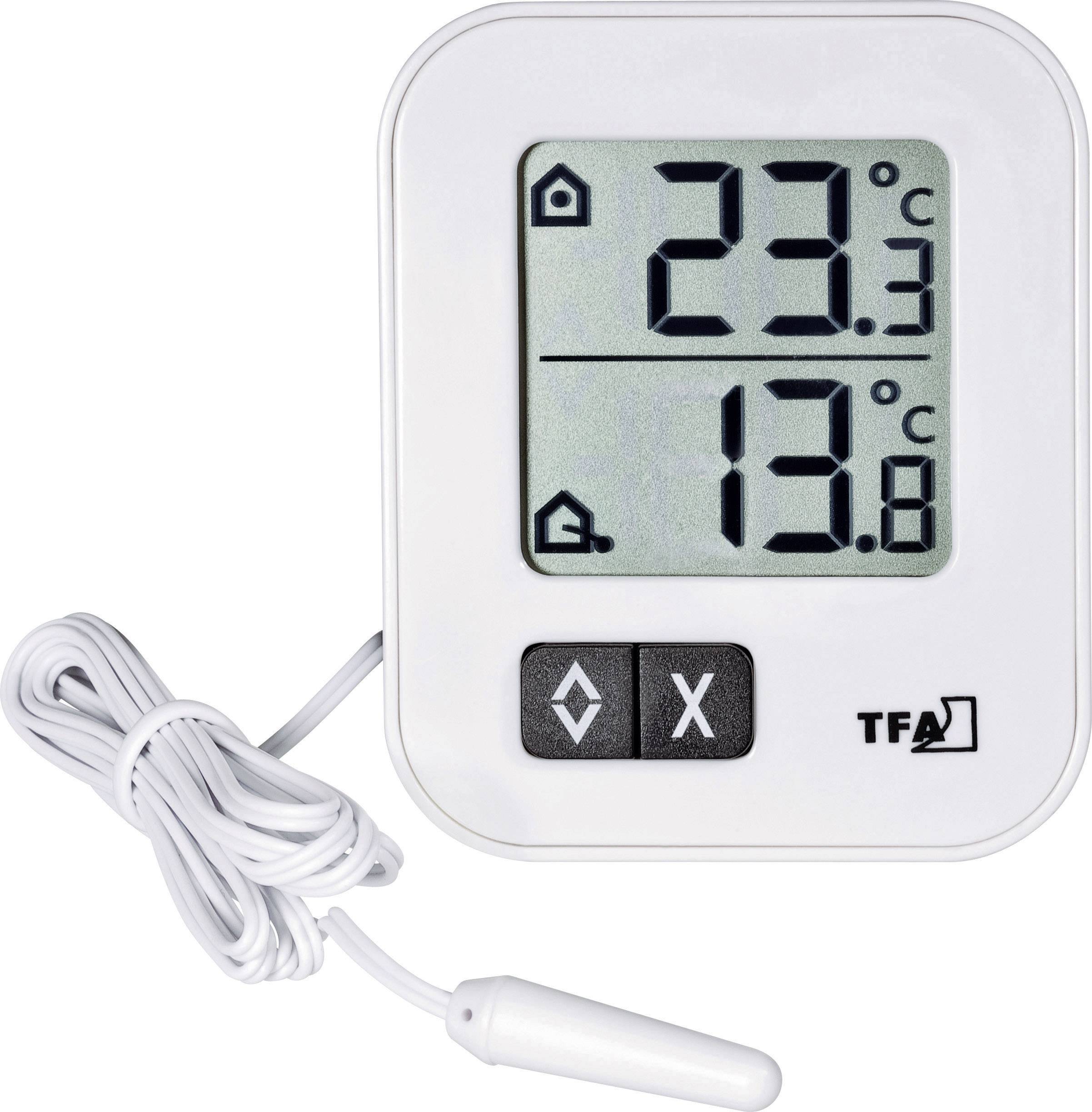 Digital thermometer with two displays: upper display shows 23.3°C for indoor area, lower display shows 13.6°C for external sensor; control buttons at the bottom.