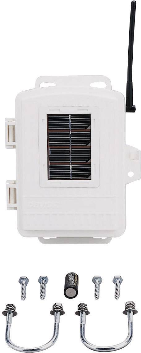 White solar panel device with antenna, screws, battery, and mounting bracket.