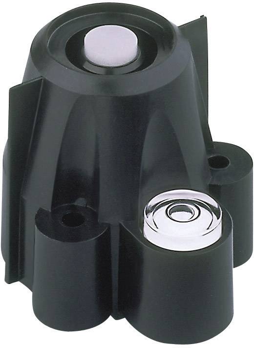 A black adapter with a round recess on top and a round glass viewing window at the bottom, likely suitable for a spirit level.