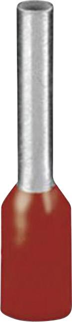 A red and silver wire end ferrule connector, with a long cylindrical upper metal section and a short, wider lower section made of red plastic.
