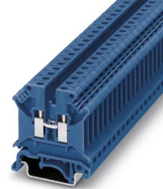 Blue terminal block with multiple connection options, used for organising and distributing electrical connections in control cabinets.