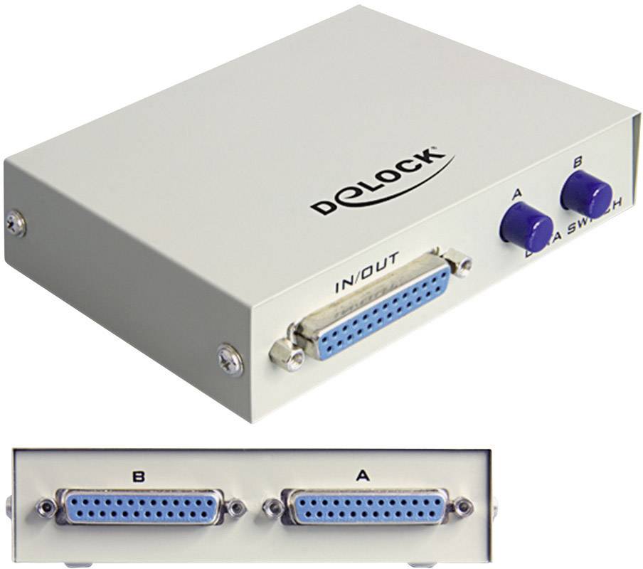 A Delock switchover device with parallel connection, featuring two blue buttons labelled 'A' and 'B', front view showing IN/OUT ports.