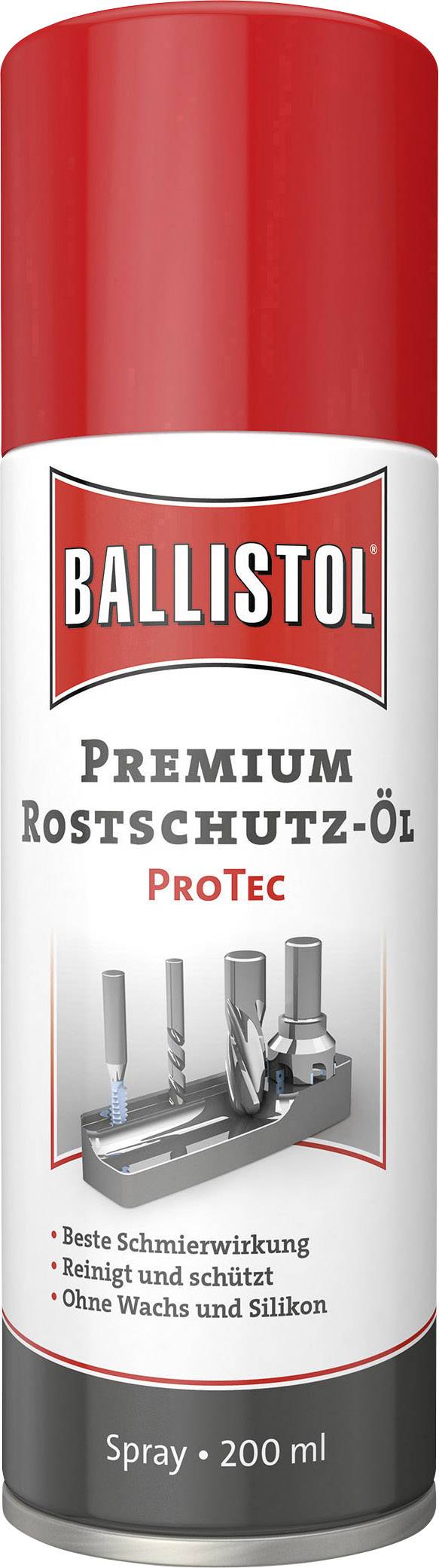 Spray can with red lid, brand 'Ballistol'. Labelled: 'Premium Rust Protection Oil', 'ProTec', 200 ml. Protects, cleans, best lubricating effect.
