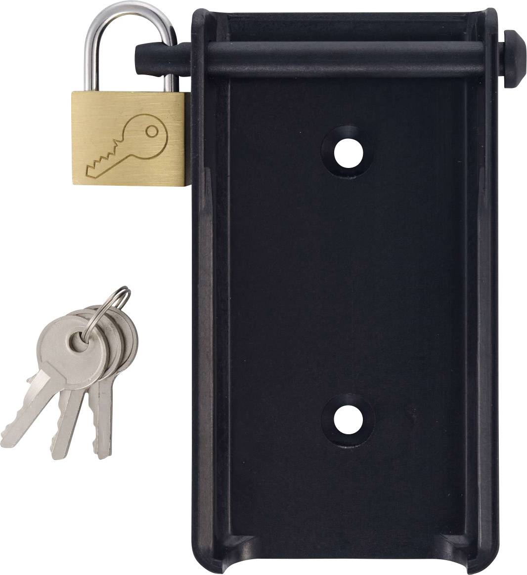 Black metal door hinge with padlock and keys; symbolises security and access control.