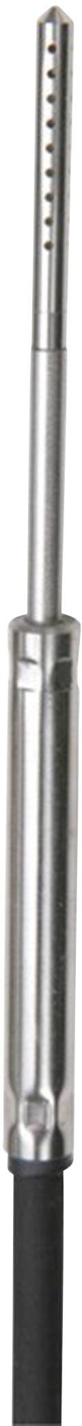 A silver microphone standing upright on a black handle.