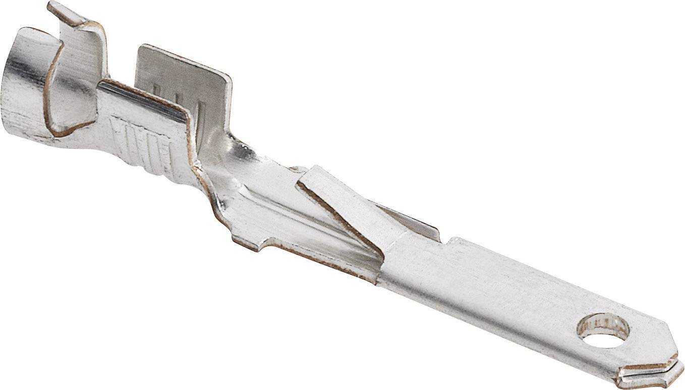 Metal clip with a perforated end and curved shape, suitable for electrical connections or cable fastening.