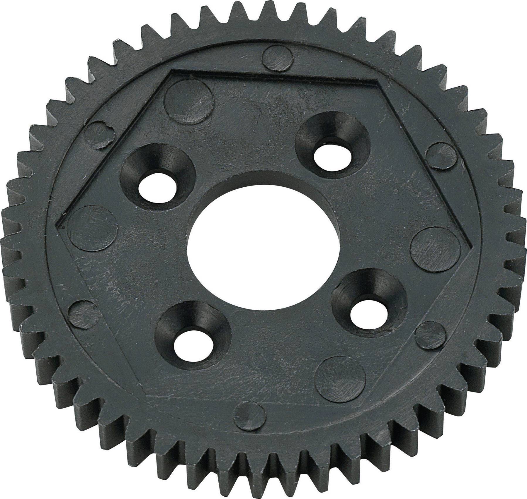 A black toothed gear with five holes and a hexagonal pattern in the centre, used for mechanical applications.