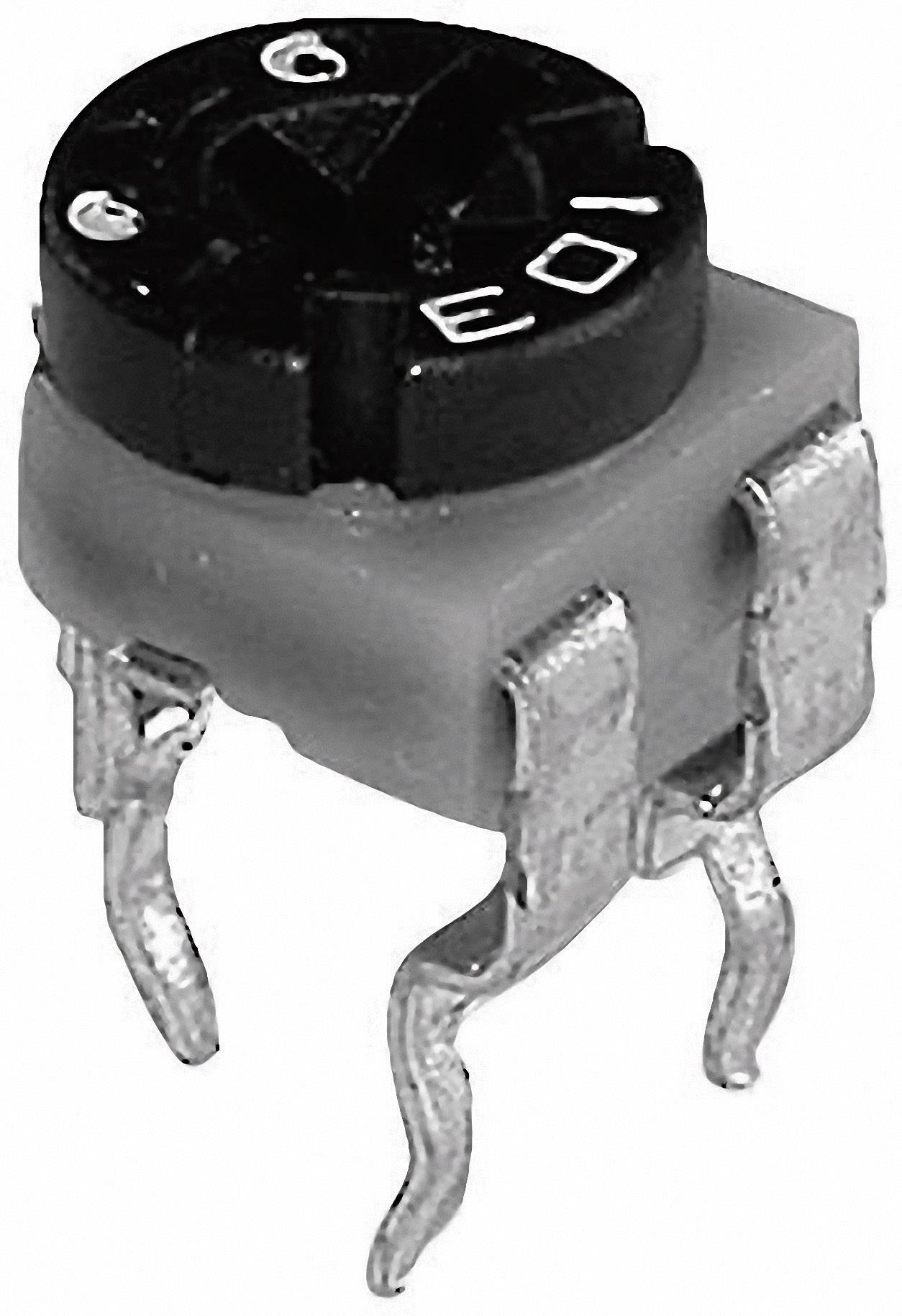 A black, rotary potentiometer with metal legs on a grey background. The top surface shows letters and an arrow for calibration.