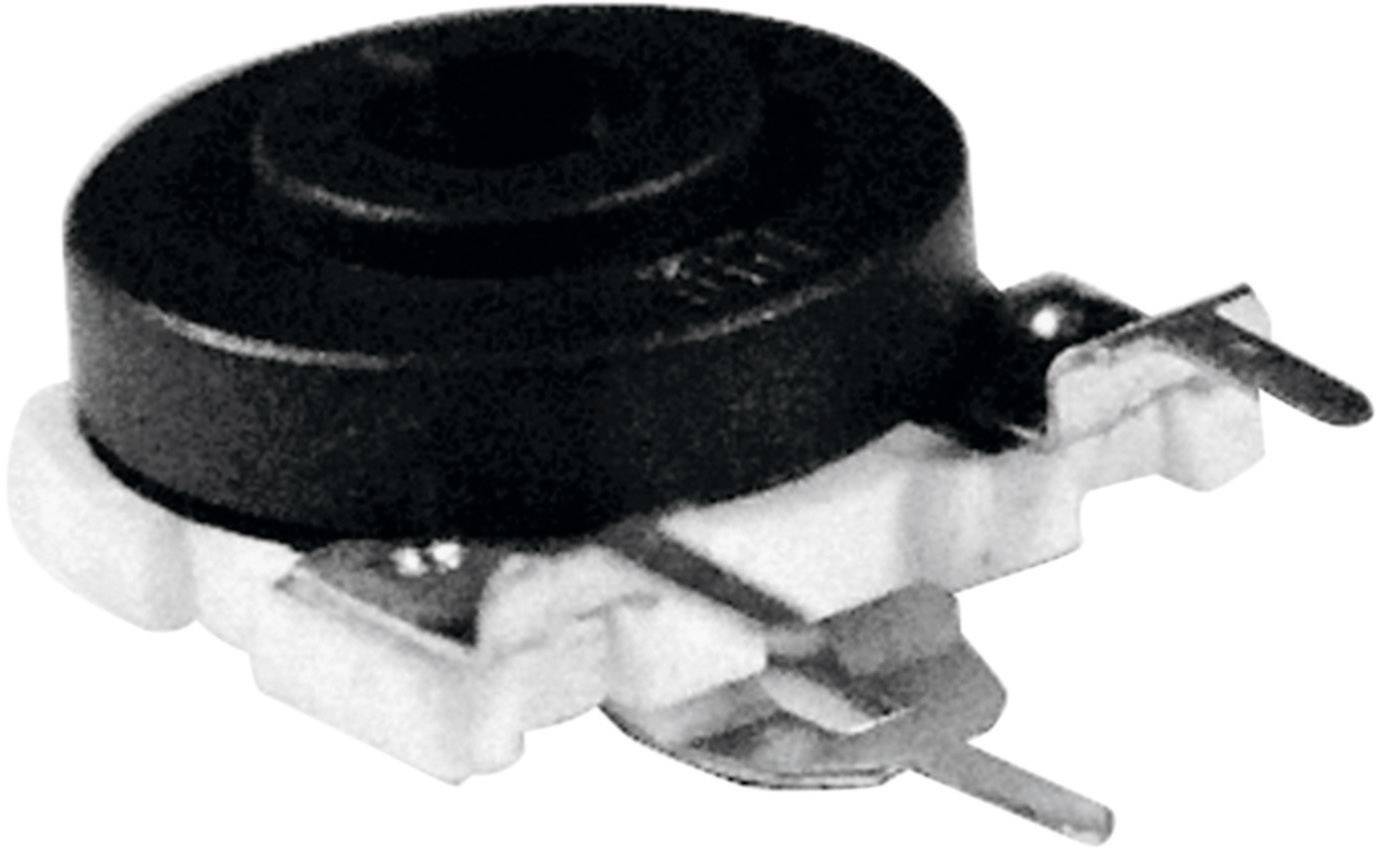 Small, round, flat speaker with a black cover and two metal connections, displayed on a white background.