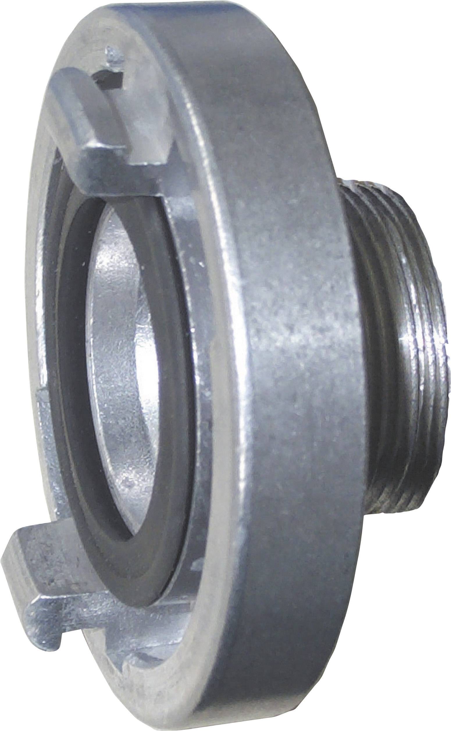 Metallic coupling with thread and rubber seal, commonly used in industrial applications.